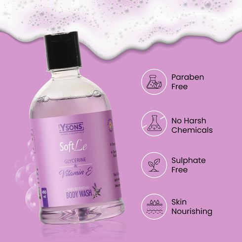 Ysons SoftLe body wash bottle with purple label on a purple background