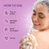 Instructions on how to use a bodywash, loofah with a person using it, set against a purple background.