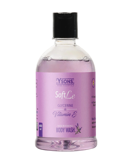 Bottle of Ysons Soft Le Glycerine & Vitamin E body wash on a white background