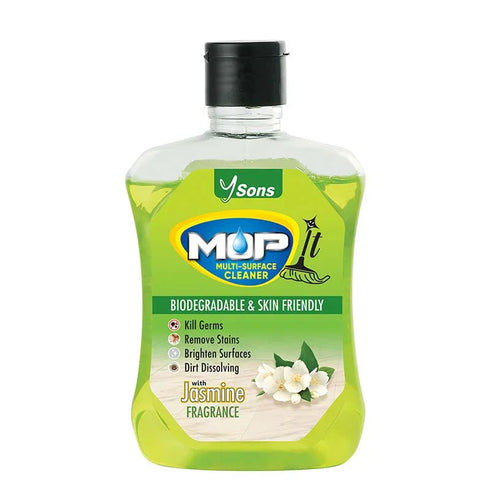 Bottle of MOP it multi-surface cleaner with green label on a white background